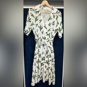 Green and White Cactus Wrap Sundress with Cuffed Sleeves